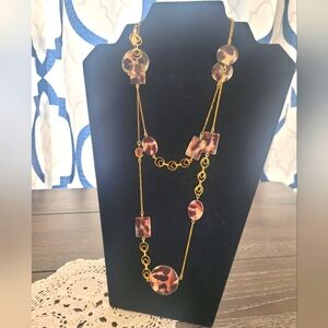 Designer signed USA art glass gold tone layered boho necklace